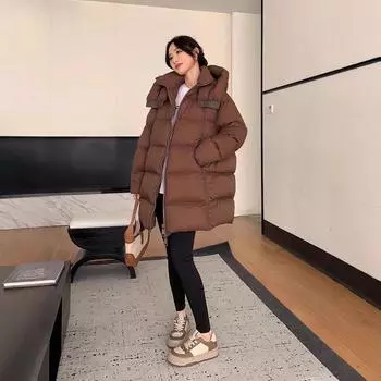 2024 зима новый белый утиный пуховик женский длинный свободный силуэт с капюшоном утолщенный хлеб куртка модный S белый