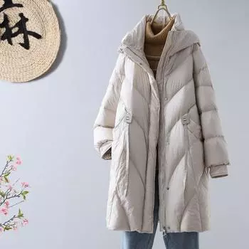 2024 зима новый белый утиный пуховый капюшон утолщенный средний и длинный пуховик женский модный теплый до колена толстое пальто S чёрный