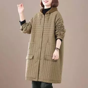 2024 зима новый большой размер мясной покров полосатый ретро повседневный женский хлопковый утепленный пальто средний и длинный пальто M хаки