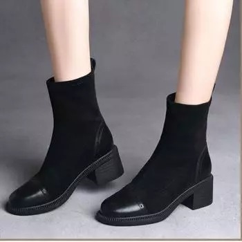 2024 Зима Новый Британский Стиль Frost Кожа Короткий Рукав Толстый Каблук Средний Каблук Женская Верхняя Одежда Эластичные Сапоги Голые Сапоги Женские 35