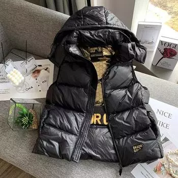 2024 зима новый черный золотой утолщенный жилет пуховик верхняя одежда женская свободная и тонкая белая куртка с капюшоном на утином пуху S чёрный
