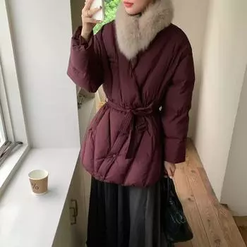 2024 зима новый дизайн пуховик женский шарф меховой воротник ремень на талии леди темперамент куртка average size (recommended 90-75kg) фиолетовый