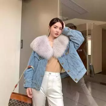 2024 зима новый джинсовый пуховик съемный большой меховой воротник утолщенная и тонкая куртка из искусственного меха джинсовая куртка S 90-110