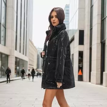 2024 зима новый глянцевый пух хлопчатобумажная подкладка женская куртка в стиле Гонконга шикарная хлопчатобумажная подкладка средняя и длинная маленькая хлопчатобумажная подкладка M синий