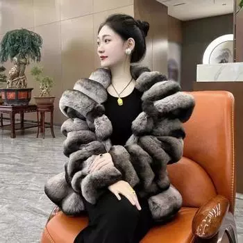 2024 зима новый искусственный мех искусственный мех кролика Рекс шиншилла шуба с отворотом короткая женская европейская и американская утолщенная шуба S 80-50kg