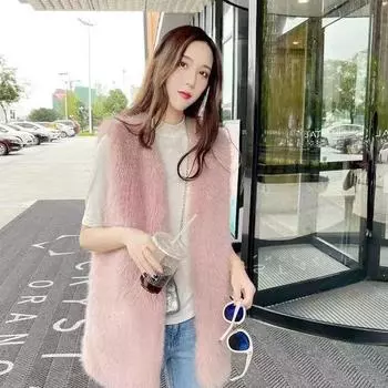 2024 зима новый искусственный меховой жилет средний и длинный искусственный мех енота плетеный жилет модный и тонкий жилет жилет one size fits all розовый