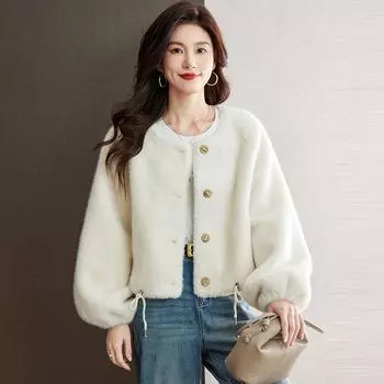 2024 зима новый искусственный норковый бархат модный мех интегрированный круглый воротник меховая куртка короткая женская одежда M кофейный