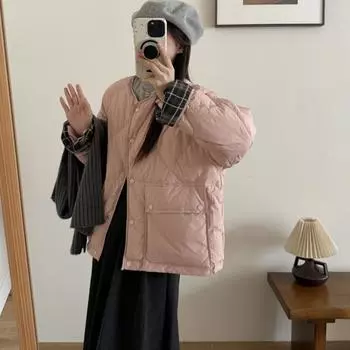 2024 зима новый клетчатый женский пуховик с круглым вырезом и большим карманом корейская версия женская белая куртка-пуховик Mori Average size 90-75kg зелёный