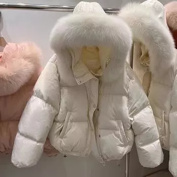 2024 зима новый лисий большой меховой воротник маленький пуховик женский короткий свободный утолщенный белый утиный пуховик S