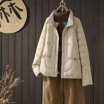 2024 зима новый маленький легкий пуховик литературный универсальный пряжка белый утиный пух теплая короткая куртка с воротником-стойкой S