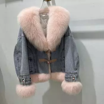 2024 зима новый манжеты планка лисьего меха джинсовая куртка женская гусиный пух подкладка pie over young one size fits all розовый