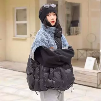 2024 зима новый модный снежинка сращивание контрастный цвет жилет воротник-стойка жилет кардиган иностранный стиль пуховый жилет One size чёрный