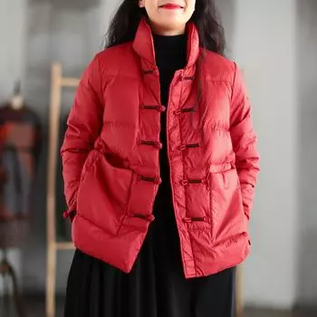 2024 зима новый национальный стиль элемент женская одежда свободный короткий белый утиный пух маленький сладкий пуховик легкое пальто M красный