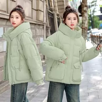 2024 зима новый пух хлопчатобумажная одежда женская свободная BF ветрозащитная с капюшоном короткая хлопчатобумажная одежда куртки хлопчатобумажные утепленные куртки M чёрный