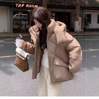 2024 зима новый пух хлопчатобумажная одежда женская свободная конструкция с капюшоном короткая хлопчатобумажная одежда куртки с хлопчатобумажной подкладкой утолщенная одежда для хлеба S чёрный