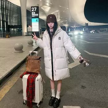 2024 зима новый пух хлопковая одежда женская свободная с капюшоном средняя и длинная хлопковая одежда утолщенная одежда для подруг хлеб M чёрный