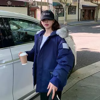 2024 зима новый пуховая хлопковая утепленная одежда женская свободная короткая с капюшоном куртка Cranin синяя хлопковая утепленная куртка S чёрный