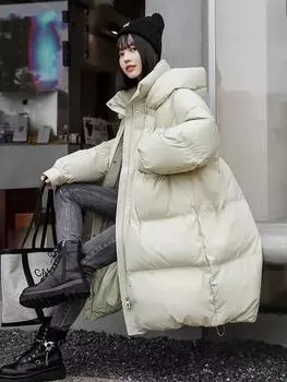 2024 зима новый пуховик белый утиный пух женский корейская версия с капюшоном средний и длинный женский высококачественный свободный утолщенный пальто прилив S