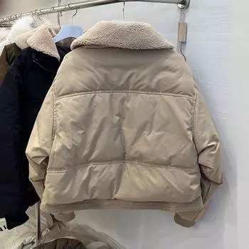 2024 зима новый пуховик женский белый утиный пух свободный и утолщенный искусственная овечья шерсть короткая термокуртка куртка прилив S recommends within 60 kg хаки