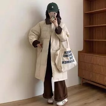2024 зима новый пуховик женский корейская версия отворот теплый выше колена утолщенный свободный и тонкий белый утиный пуховик прилив S