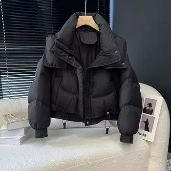 2024 зима новый пуховик женский короткий утолщенный с капюшоном джинсовая сращивание корейская версия свободная куртка хлеб прилив S 90-60 kg