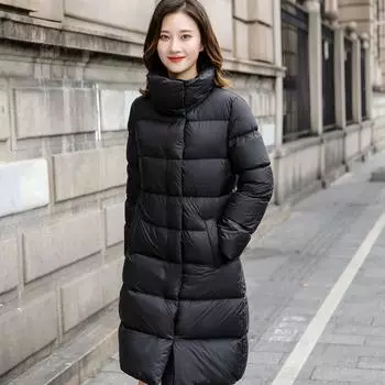 2024 зима новый пуховик женский средней и длинной длины модная одежда воротник-стойка иностранный стиль утолщенный белый утиный пух свободное пальто M