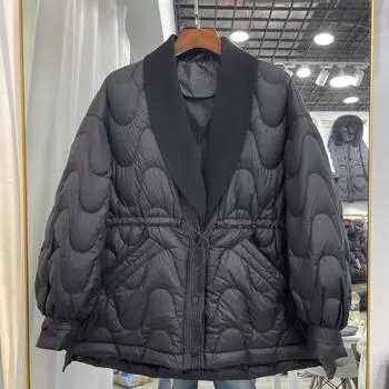 2024 зима новый пуховик женский средний и длинный костюм шерстяной V воротник сращивание белый утиный пух талия маленькая куртка S белый