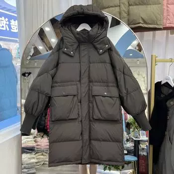 2024 зима новый пуховик женский средний и длинный выше колена модный с капюшоном утолщенный теплый белый пуховик S хаки