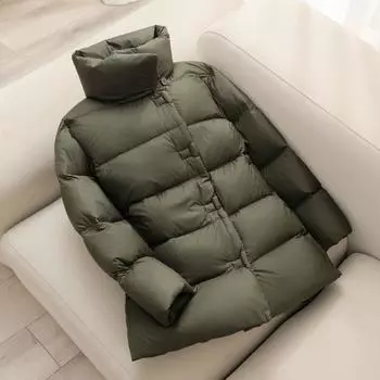 2024 зима новый пуховик женский средний и длинный пуховик утолщенный тонкий воротник стойка модный 90 белый утиный пуховик S does not support returns чёрный