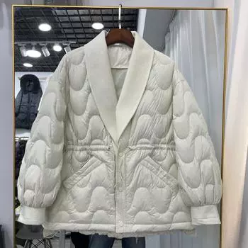 2024 зима новый пуховик женский свободный большой размер V-образный вырез модный шерстяной сращивающийся пуховик белый утиный пух S белый