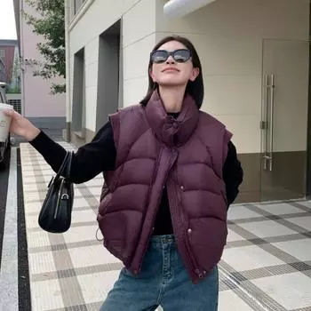 2024 зима новый пуховый жилет утолщенный свободный воротник-стойка белый утиный пух теплый внешний жилет One size чёрный