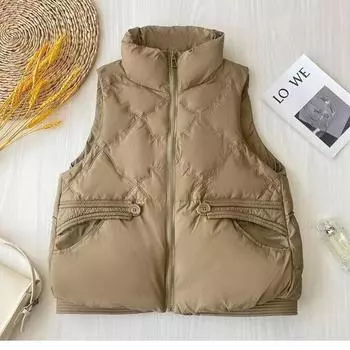 2024 зима новый ретро карман теплый жилет на утином пуху женский свободный воротник стойка легкий короткий жилет на пуху one size fits all чёрный