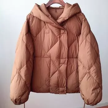 2024 зима новый ромбовидный сетчатый легкий пуховик женский высококачественный короткий белый утиный пух свободный модный иностранный стиль S чёрный