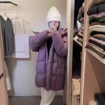 2024 зима новый средний и длинный пуховик женский с капюшоном утолщенный свободный cloud puffs теплый белый утиный пуховик прилив One size хаки