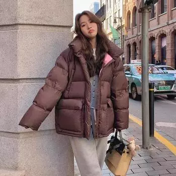 2024 зима новый средний и длинный пуховик женский с капюшоном утолщенный свободный контрастный цвет белый утиный пуховик one size fits all темно-коричневого