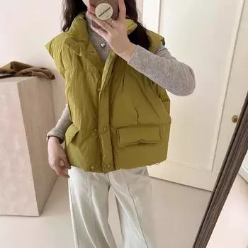 2024 зима новый свободный повседневный универсальный женский стоячий воротник пуховый жилет короткий жилет верхняя одежда жилет S80-60 kg кофейный