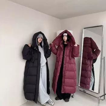 2024 зима новый свободный утолщенный большой стеганый супер длинный пуховик до колена 90 пух S 90-70kg чёрный