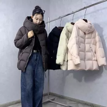 2024 зима новый утолщенный пушистый пуховик женский легкий роскошный с капюшоном 90% теплая белая утиная пуховая куртка S чёрный