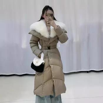 2024 зима новый воротник из натурального меха лисы 90% белый гусиный пух длинный пуховик талия тонкий иностранный пальто для женщин S чёрный
