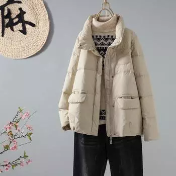 2024 зима новый воротник-стойка повседневный белый утиный пух женская свободная литературный дизайн короткая зимняя одежда S чёрный