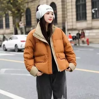 2024 зима новый воротник-стойка утолщенный пуховик женский короткий контрастный цвет сращивание иностранный стиль белый утиный пуховик прилив S (recommended weight 80-60 kg)