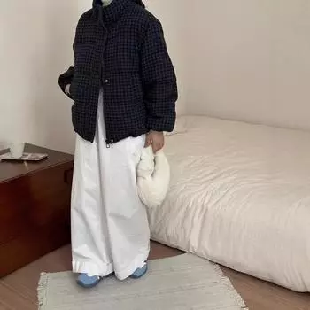 2024 зима новый воротник-стойка утолщенный теплый белый утиный пух короткая куртка иностранный клетчатый пуховик женский One size