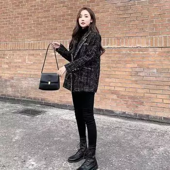 2024 зима новый женский свободный клетчатый шерстяной пиджак маленький ароматный твид знаменитость сращивание маленький костюм S recommends 85-49.5kg wear