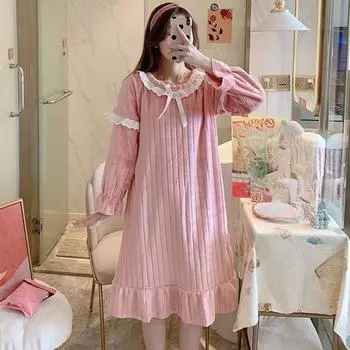 2024 Зима Плюс Размер Длинный Рукав Толстые Теплые Фланелевые Ночные Рубашки Женские Корейские Свободные Коралловые Бархатные Пижамы Ночная Рубашка Ночная Рубашка M