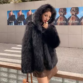 2024 зима популярная шуба с капюшоном для дочери, тосканская шуба, женская шуба из искусственного меха лисы one size fits all розовый