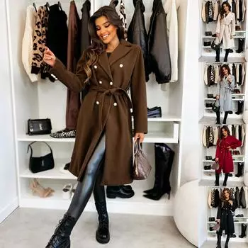 2024 Зима Простой Модный Однотонный Шерстяной Пальто С Двумя Рядами Пряжек Ремешок Женская Одежда S темно-коричневого