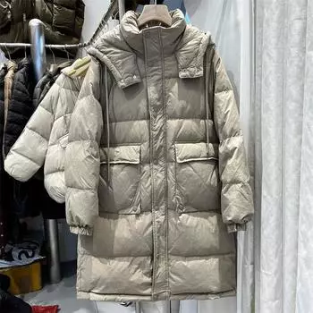 2024 зима утолщенный белый утиный пух средней и длинной длины свободный простой большой карман прошитые рукава утолщенный пуховик женский One Size