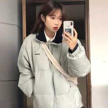 2024 зима зеленый прилив бренд хлеб утолщенный хлопок одежда женская короткая корейская версия свободные мужские и женские пары пальто S светло-синий