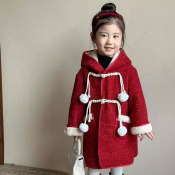 2024 зимнее детское пальто для девочек, новогоднее красное с капюшоном, блестящее бархатное теплое детское пальто для девочек с жемчужными пуговицами, верхняя одежда для маленьких девочек 80 красный