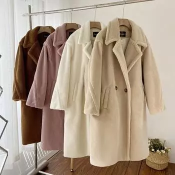 2024 зимнее длинное пальто из искусственного меха, женское зимнее плюшевое пальто из меха ягненка, женский пиджак с воротником и лацканами, пушистая куртка, модное пальто, элегантная верхняя одежда S абрикосовый